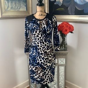 Calvin Klein designer Animal print dress Blue Black fall long sleeve S 6 8 $148
